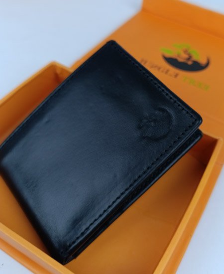 Jungle Tree Black Leather Wallet Dollar Size